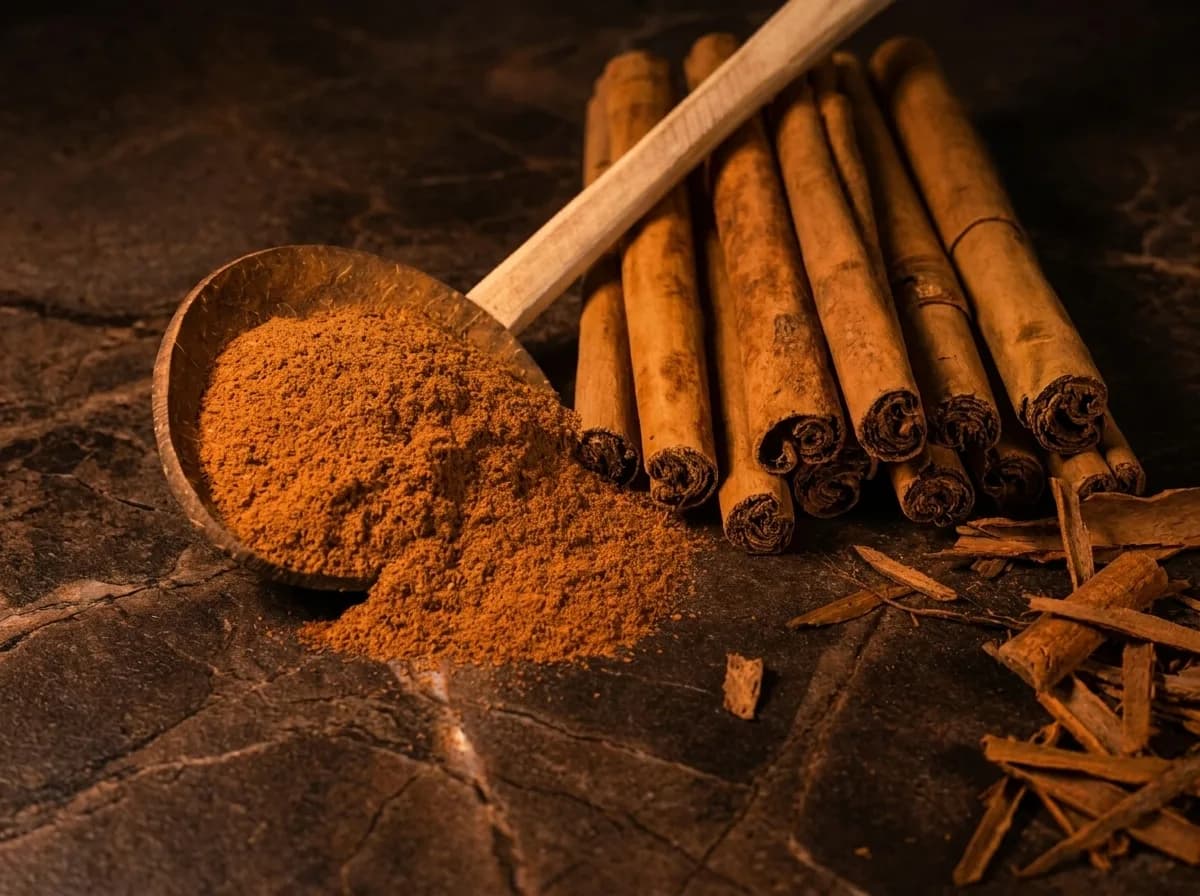 Ceylon cinnamon quills and freshly ground powder on dark stone
